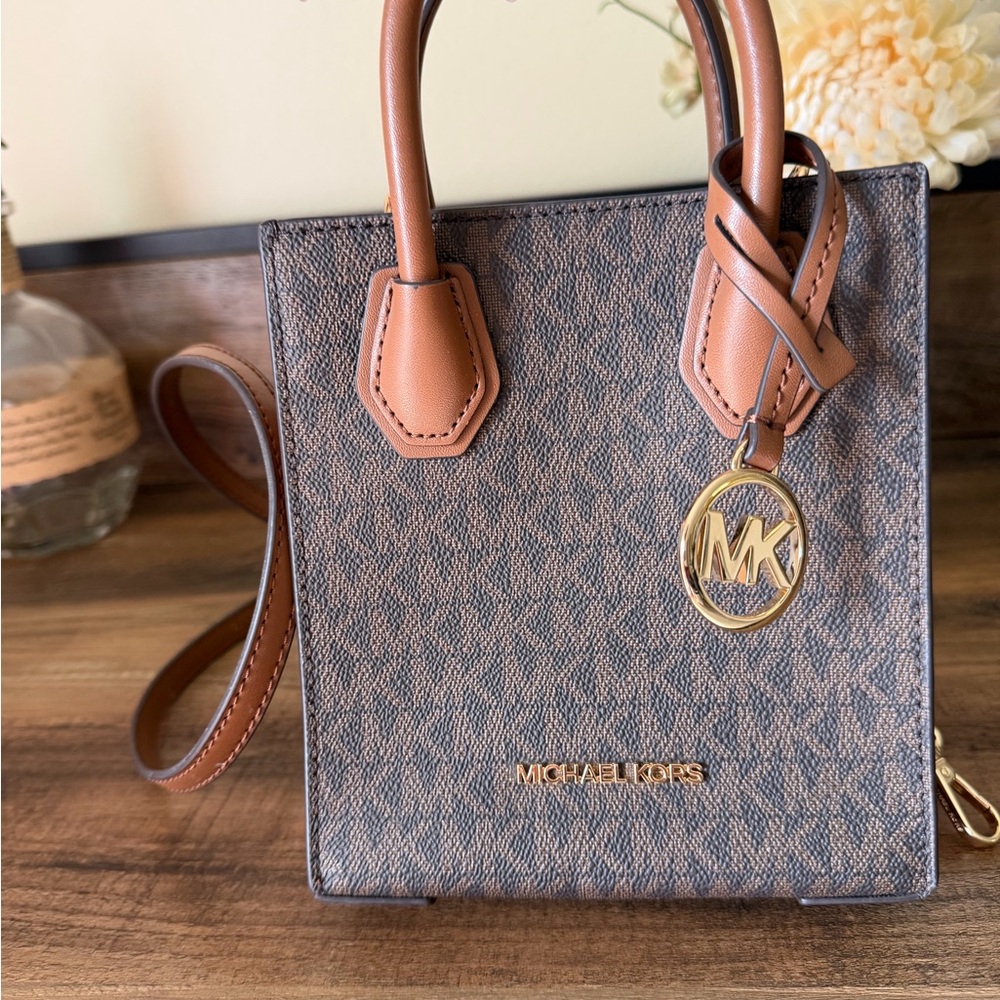 Michael Kors Brown Logo Mini Tote with Tan Trim Mercer extra small crossbody